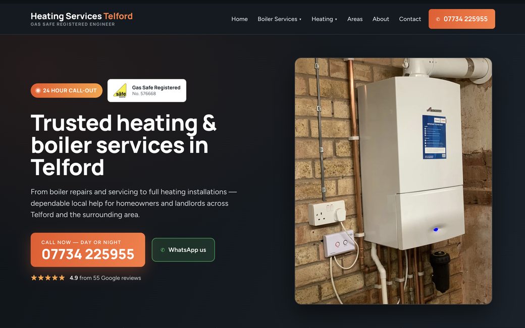 Heating Services Telford website built by Kerb Digital